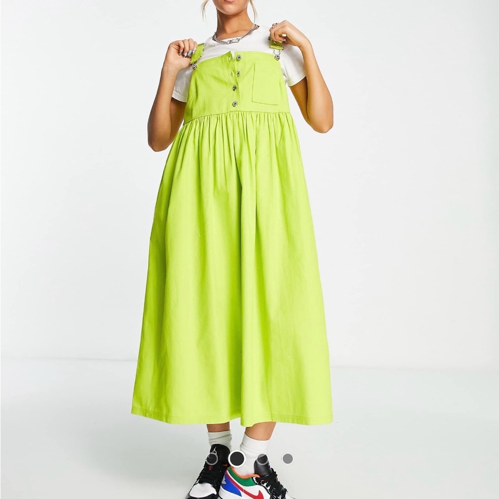 Lime Green Colored Denim Overalls Dress Y2K